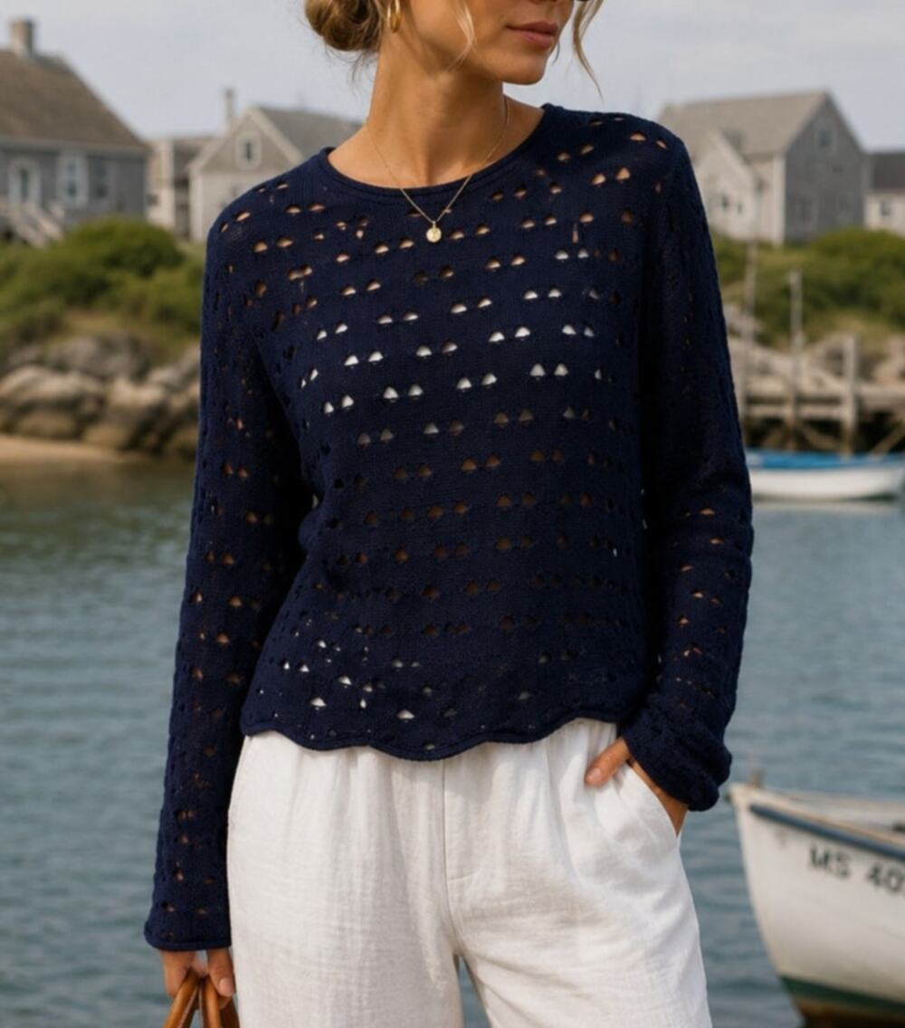 PARKER Coastal Crochet Knit High-Low Sweater Medium Blue Hamptons Prep Fisherman